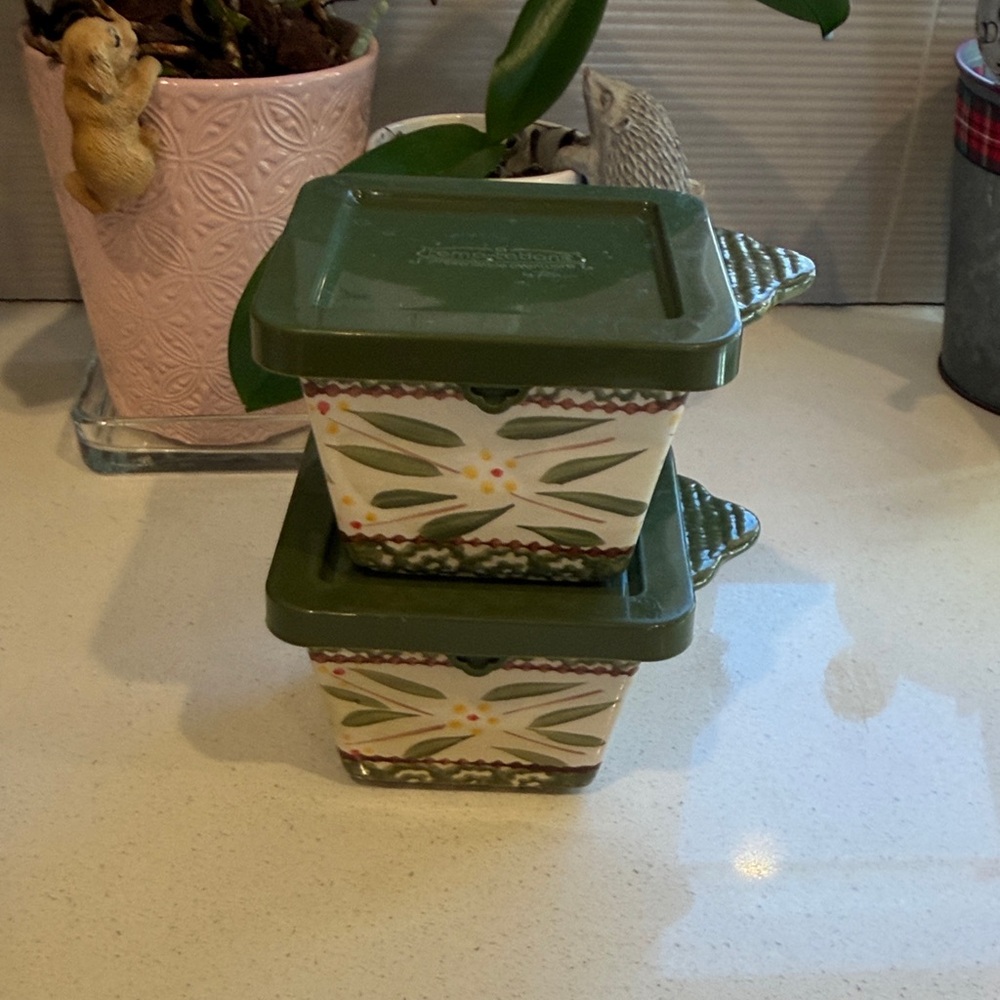 Temptations set of 2 olive Green and cream Ceramic Containers with lids